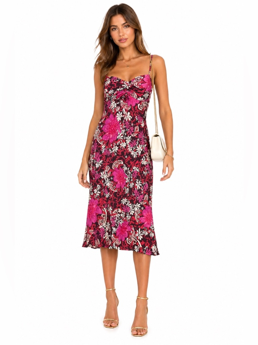 Free People floral midi dress ruched bust strappy slip boho S